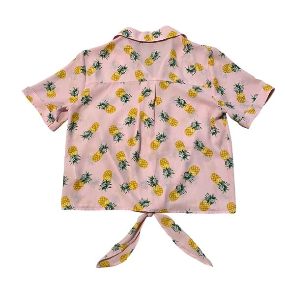 Lily White Pineapple Fruit Crop Tie Front Top / Blouse Short Sleeve Semi Sheeryu - Picture 4 of 7